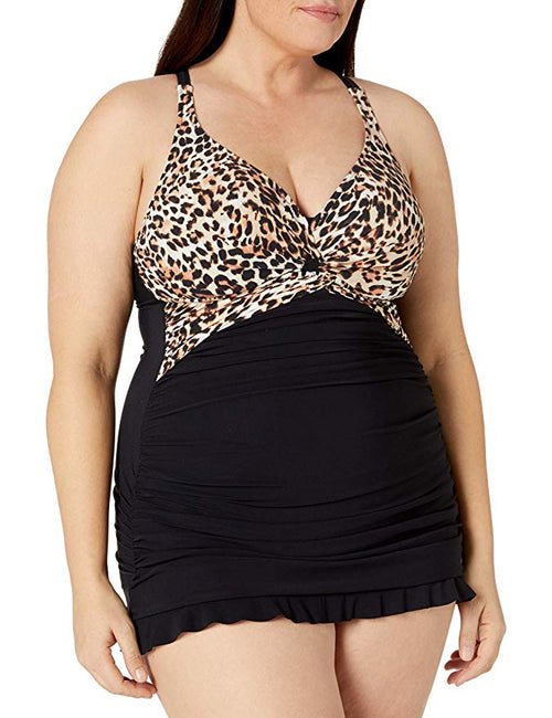 Profile by Gottex E2662W01, Wild Thing Leopard Plus Size Underwire Halter Swimdress