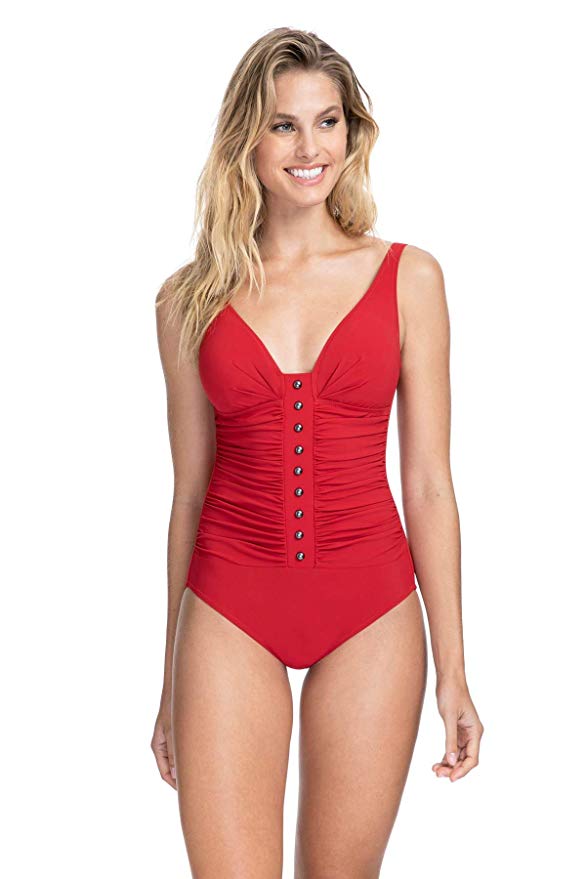 Profile by Gottex E2672E31, Bel Aire Paprika E-Cup Lace Up V-Neck Plunge Shirred One Piece Swimsuit