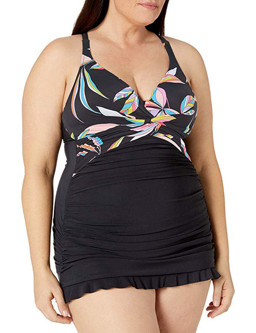 Profile by Gottex E2702W01, Paparazzi Black Plus Size Halter Cross Back Underwire Swimdress