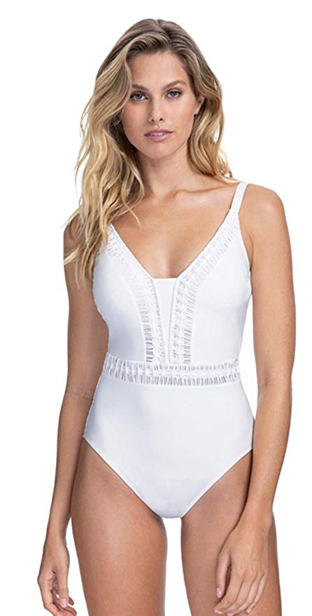 Profile by Gottex E2752033, Roulette Ivory Mock V-Neck One Piece Swimsuit